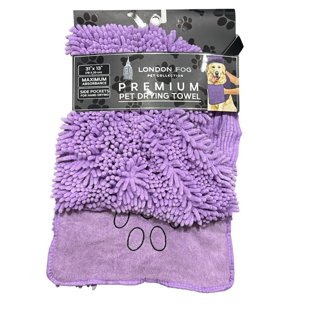 London Fog Premium Pet Drying Towel 31"x13" Purple Maximum Absorbency Side Pocke